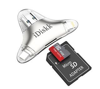 Idiskk SD and Micro SD card reader to Lightning, Micro and USB